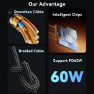 Yesido USB-C til USB-C kabel 60W, 0,3 meter - Svart thumbnail