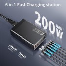 GaN 200W USB-C-ladestasjon 6 Porter 4xUSB-C, 2xUSB-A - Svart thumbnail