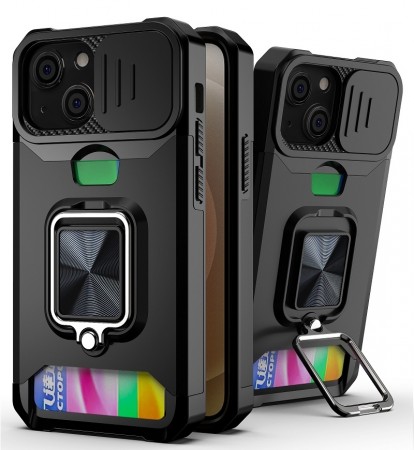 Hybrid TPU Deksel med Ring Grep og plass til kort iPhone 13 svart
