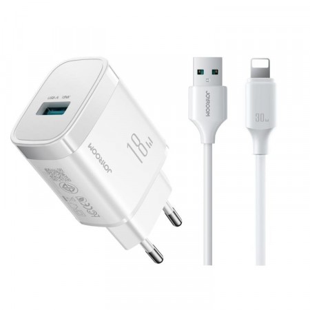 JOYROOM Vegglader & Kabel USB-A til 8-pin hurtiglader 18W - Hvit