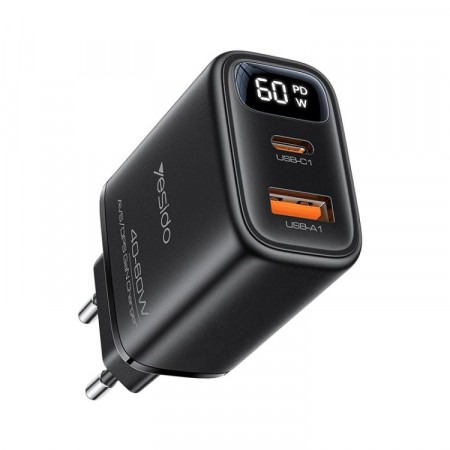 Yesido hurtiglader med digitalt display USB-C og USB-A 60W - Svart