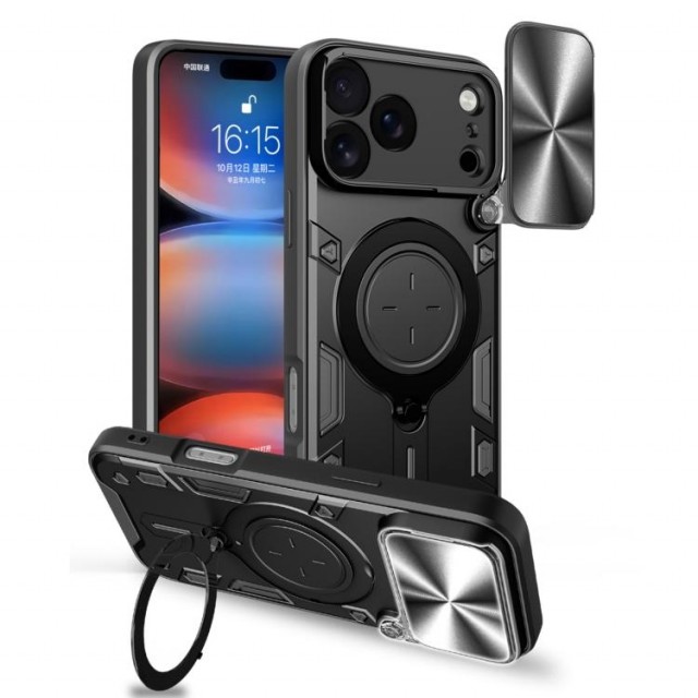 Tech-Flex Hybrid TPU Deksel med Ring Kickstand iPhone 17 Pro Max svart