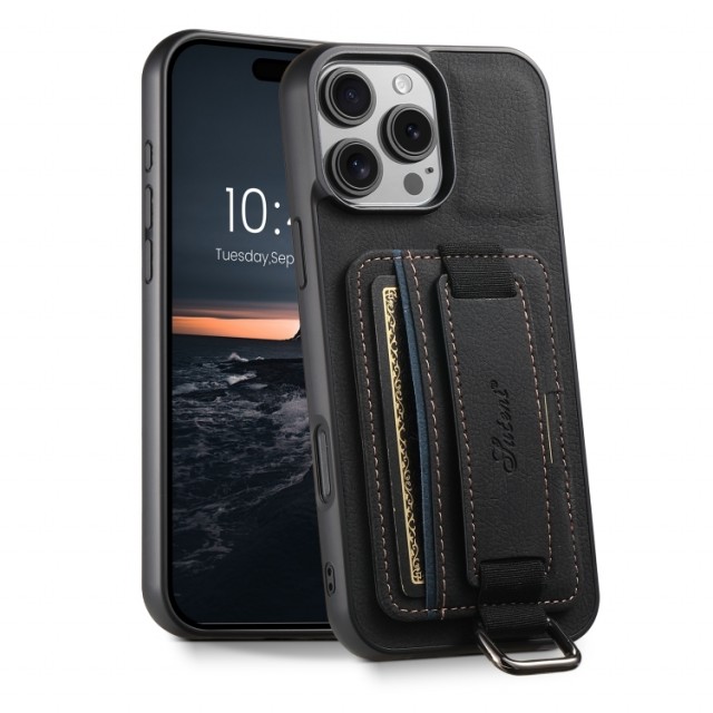 Suteni TPU Deksel med PU-lær plass til kort iPhone 16 Pro Max - Svart
