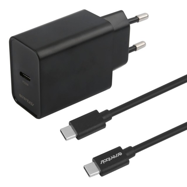 Essentials USB-C Vegglader & USB-C Kabel 20W - Svart