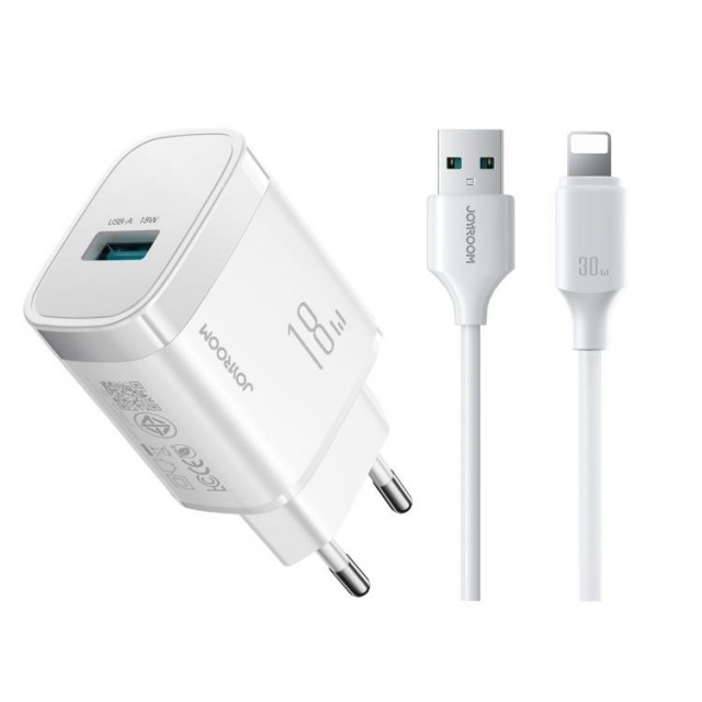 JOYROOM Vegglader & Kabel USB-A til 8-pin hurtiglader 18W - Hvit