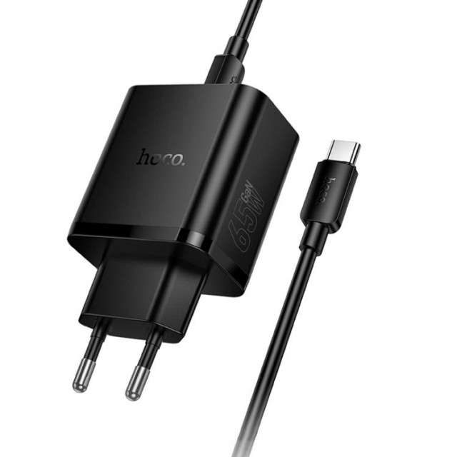 Hoco Vegglader & Kabel Dual USB-C og USB-A hurtiglader 65W - Svart