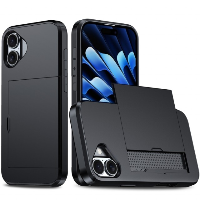 Hybrid TPU + PC Deksel plass til kort iPhone 16 Plus svart